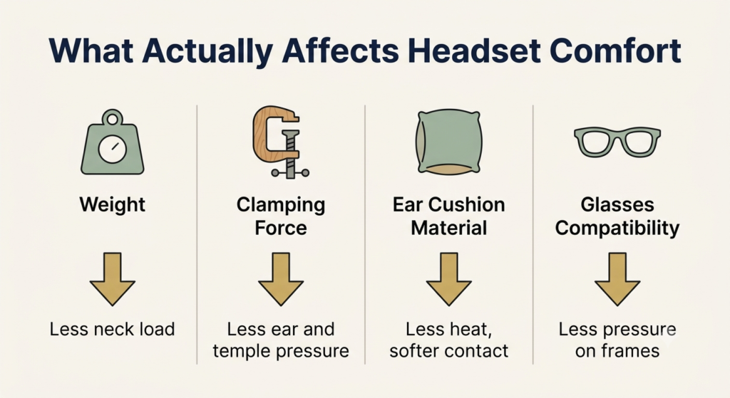 Infographic showing four factors that affect headset comfort: weight, clamping force, cushion material, and glasses compatibility