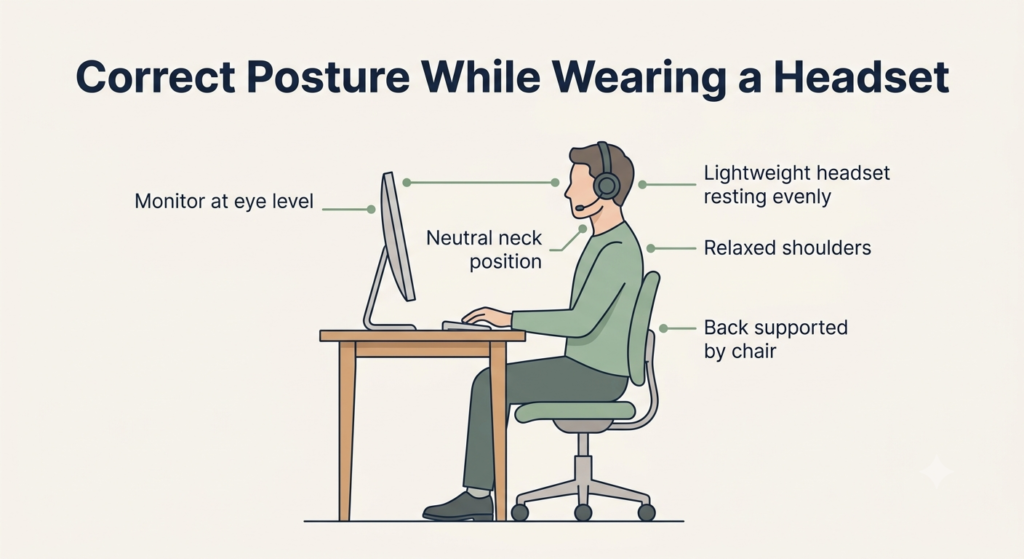 Diagram showing correct posture while wearing a headset with labeled body positions