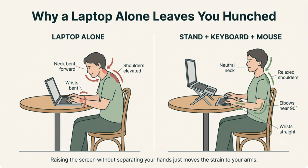 Before and after diagram comparing laptop-only posture with stand, keyboard, and mouse setup