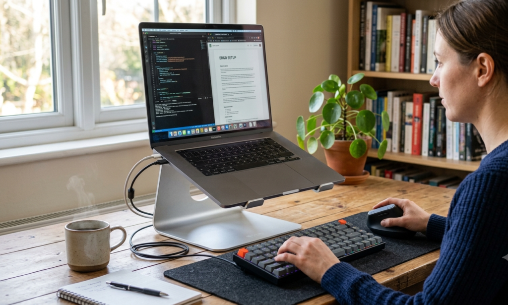 Woman using laptop on aluminum stand with external keyboard and mouse together