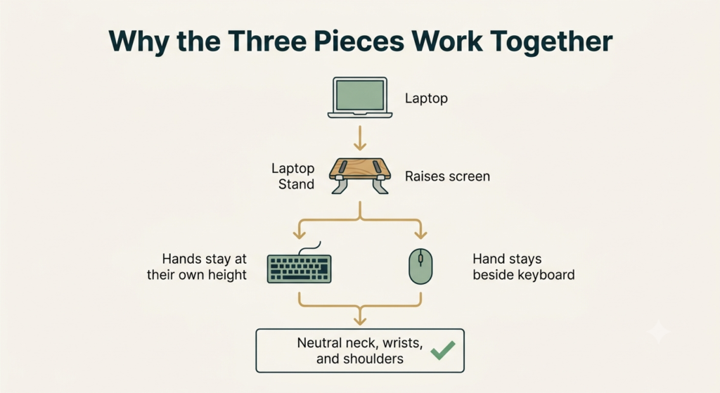 Flowchart showing how laptop stand, keyboard, and mouse work together for neutral posture
