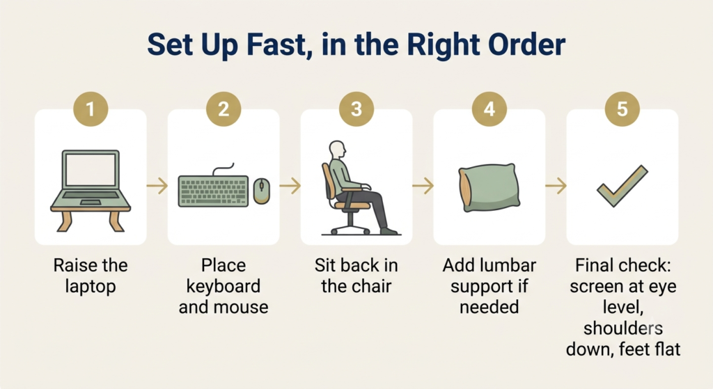 Five-step diagram showing how to set up an ergonomic travel workspace quickly