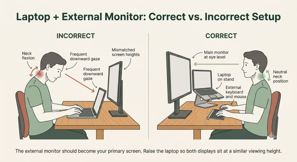 Diagram comparing incorrect and correct laptop and external monitor setup for neck posture