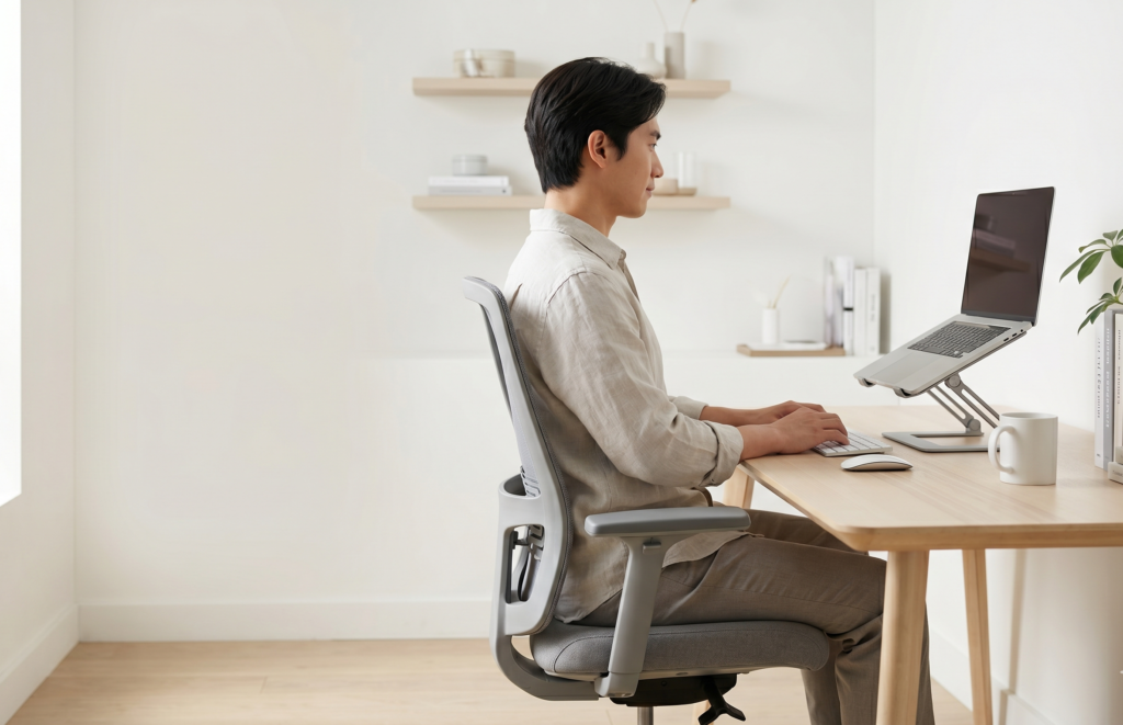 Man demonstrating good posture while working on a laptop, using an external keyboard and mouse with a raised laptop stand