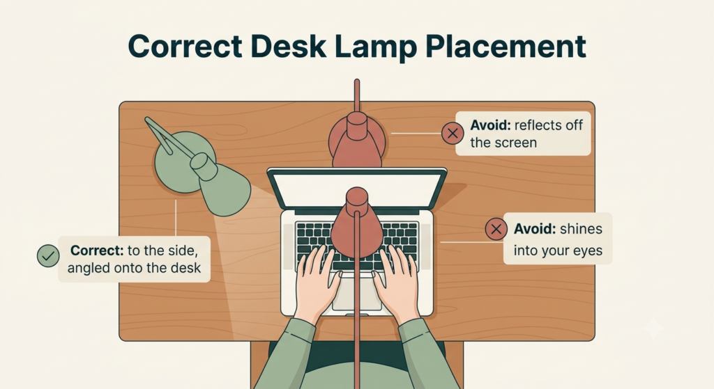 Top-down diagram showing correct and incorrect desk lamp placement relative to laptop screen