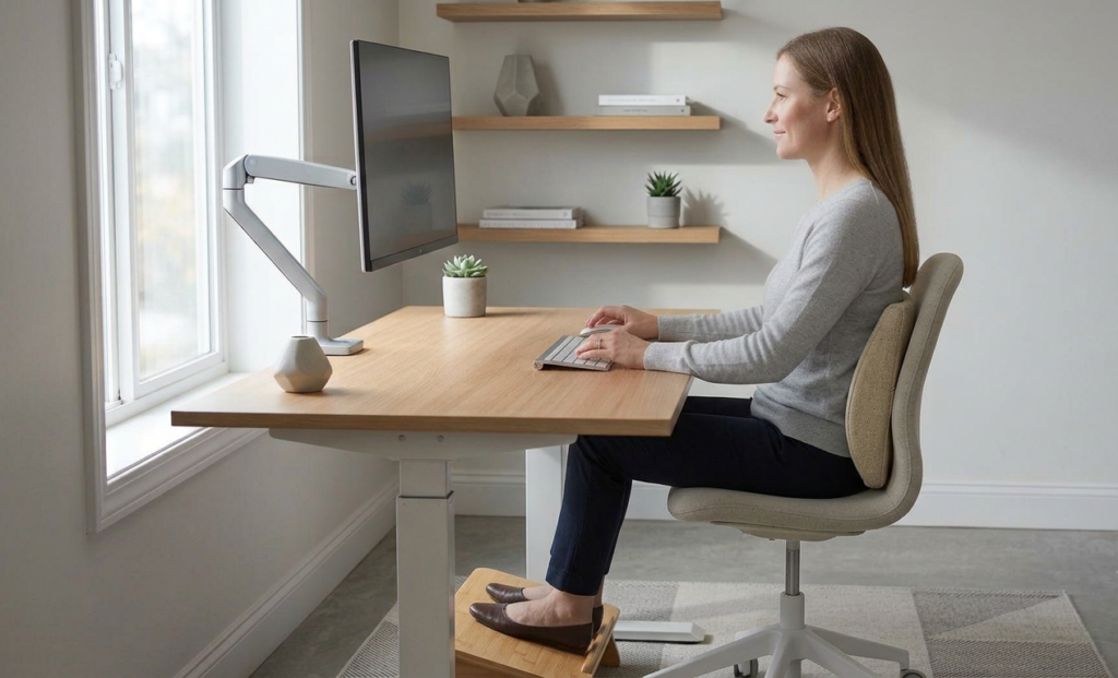 Woman at desk with monitor arm, footrest, and lumbar support adjustments visible