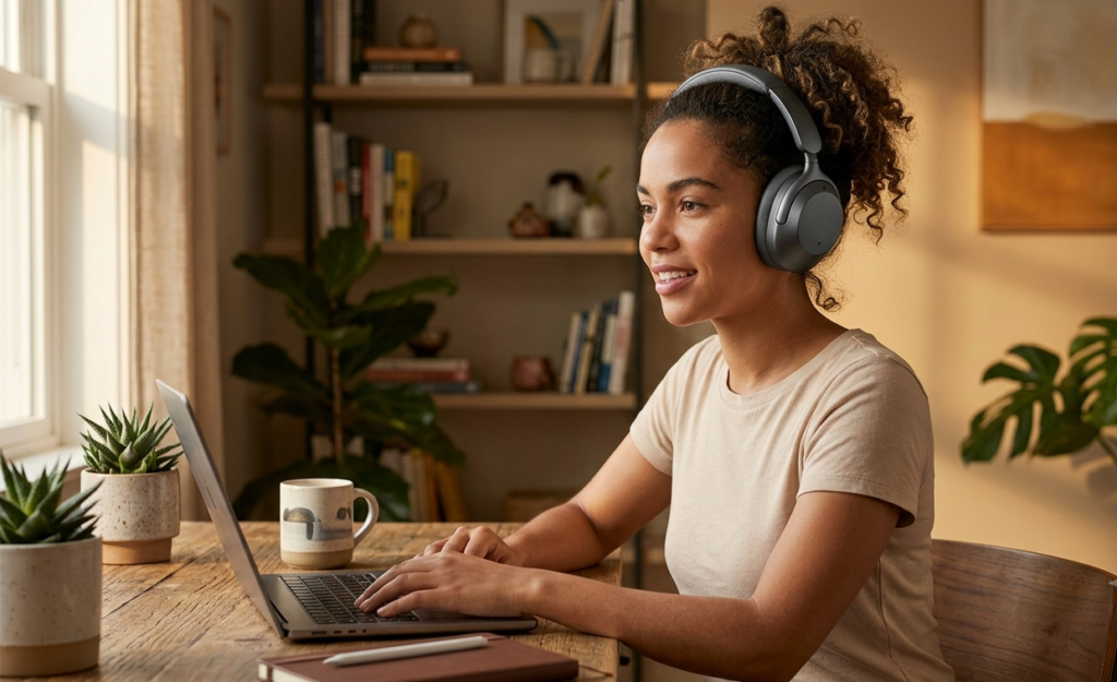 Woman wearing over-ear headset while working on laptop at home office desk