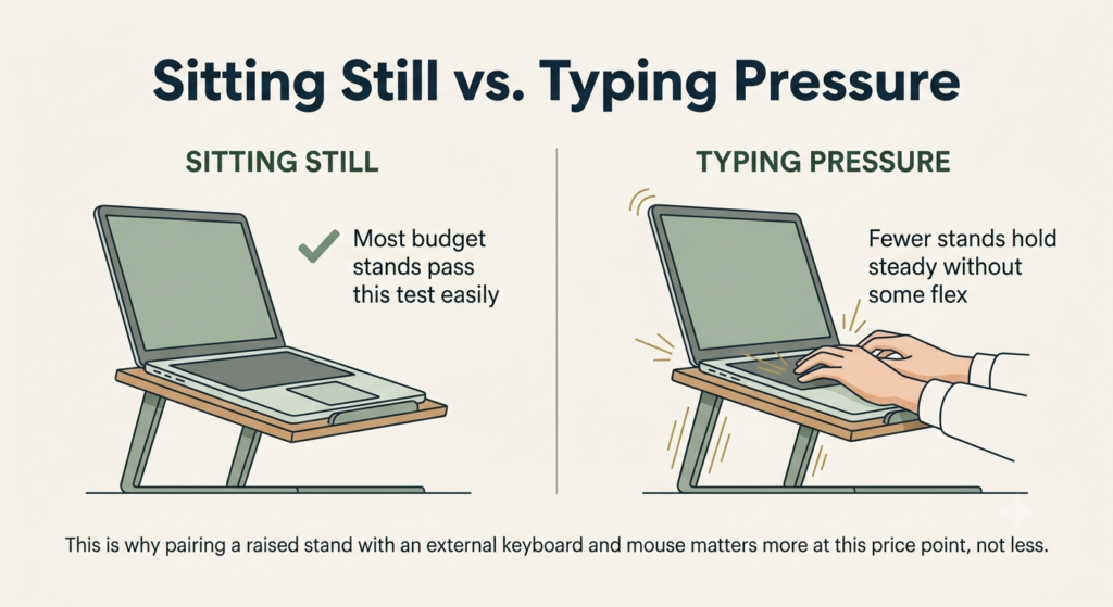Comparison diagram showing laptop stand stability when sitting still versus typing with real pressure