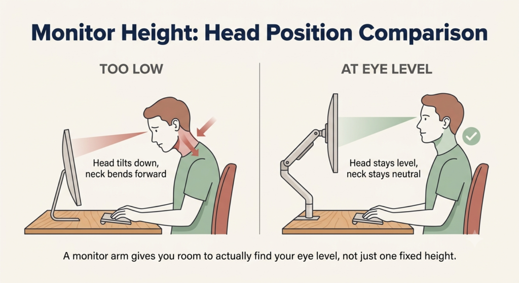 Comparison diagram showing head and neck position with monitor too low versus at eye level
