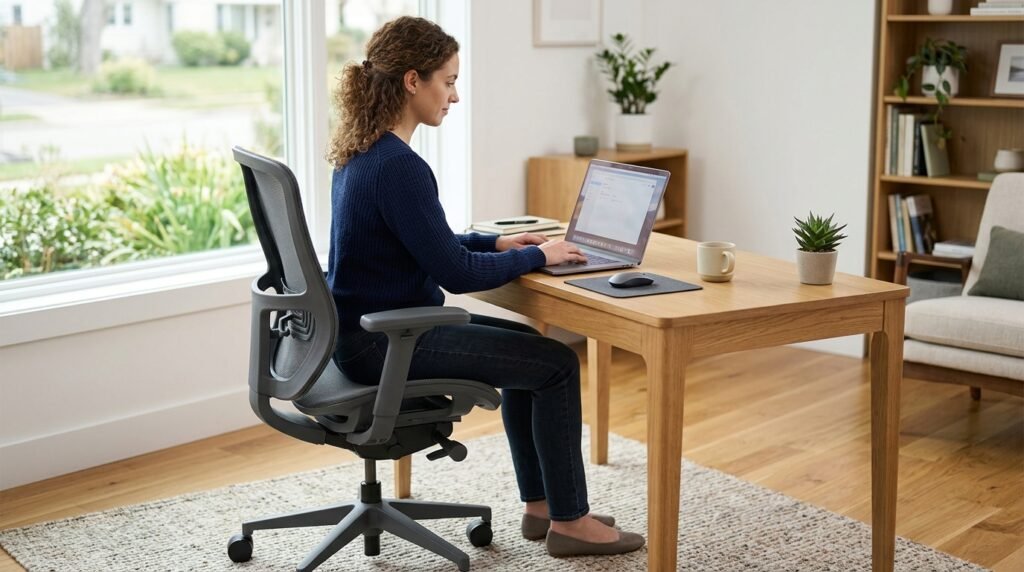 Woman sitting with correct ergonomic posture in a mesh office chair at a home desk
