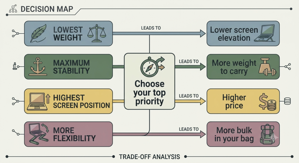 Decision map diagram showing how prioritizing weight, stability, screen height, or flexibility leads to different trade-offs