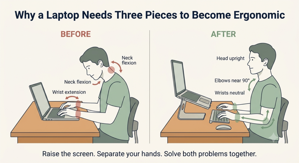 Before and after diagram showing laptop posture problems solved by a stand, external keyboard, and mouse