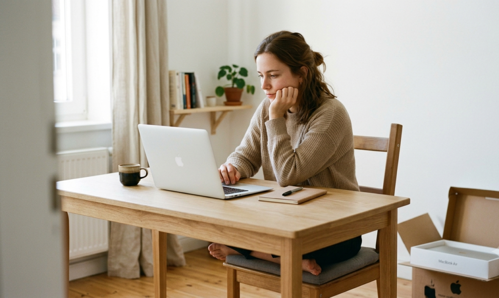 Woman working on laptop at simple desk with newly unboxed MacBook, before any ergonomic setup