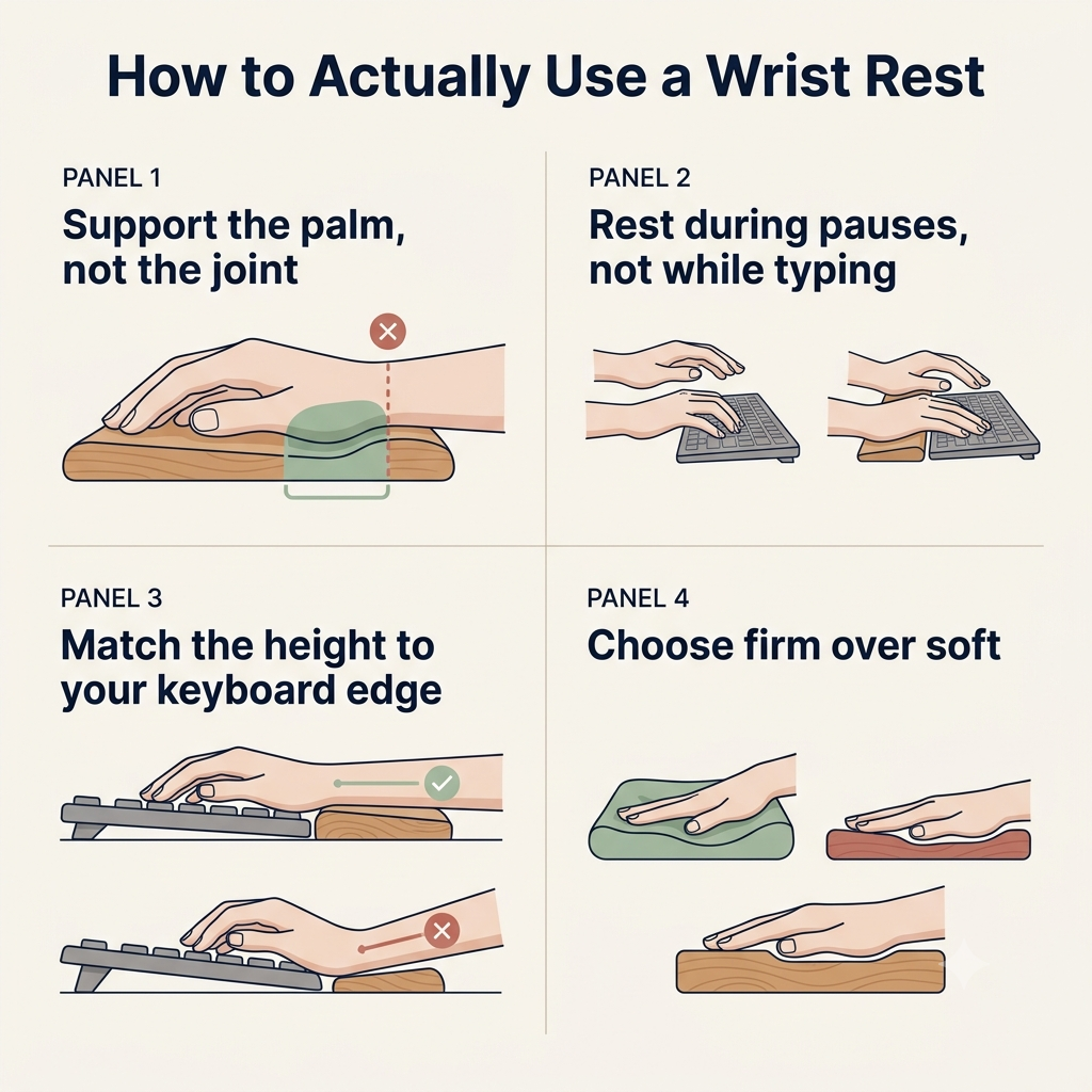 Four-panel diagram showing proper wrist rest usage: palm support, timing, height matching, and firmness