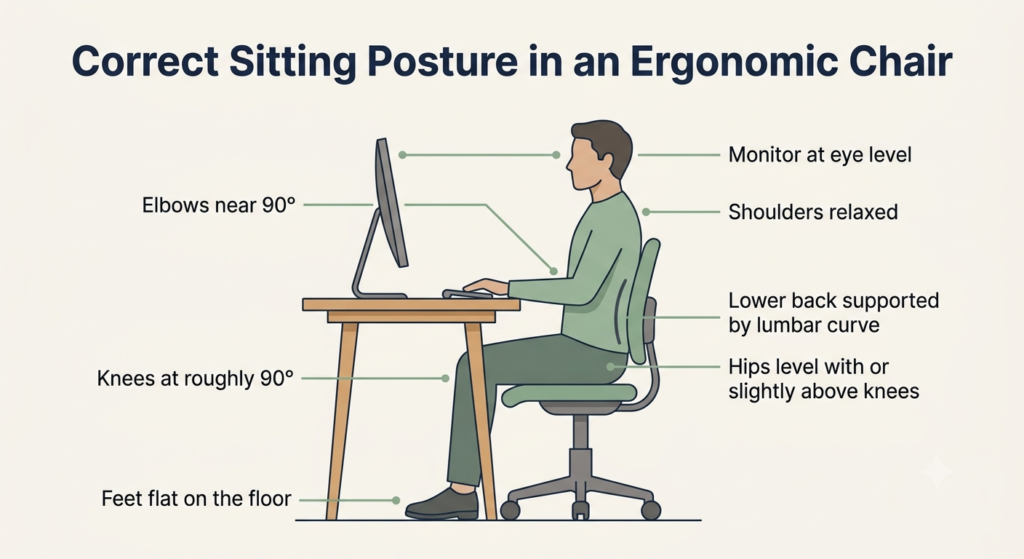 Diagram showing correct ergonomic sitting posture with labeled body positions