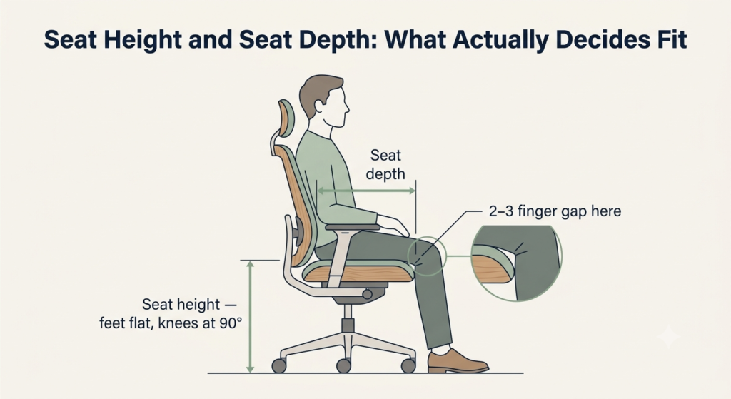 Diagram showing how to measure seat height and seat depth for proper chair fit