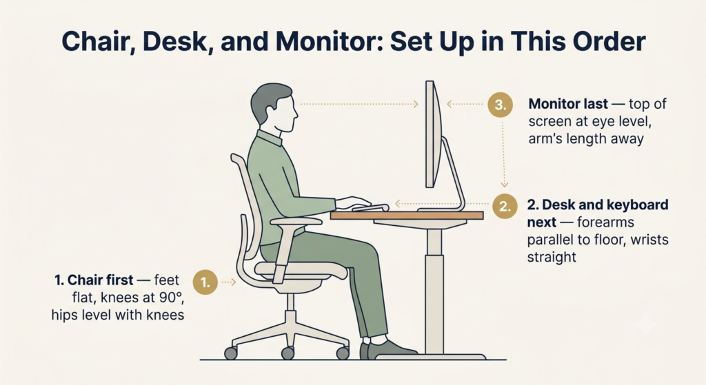 Diagram showing the correct order to set up chair, desk, and monitor height