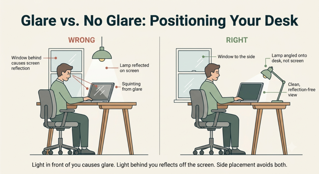 Diagram comparing wrong and right desk positioning to avoid screen glare from windows and lamps