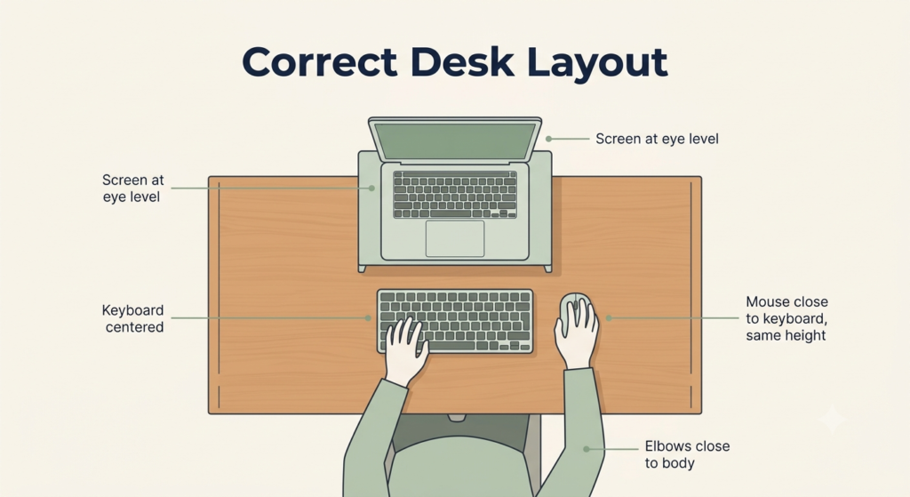 Top-down diagram showing correct desk layout for laptop, keyboard, and mouse positioning