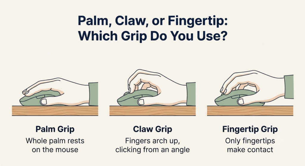 Diagram showing palm, claw, and fingertip mouse grip styles
