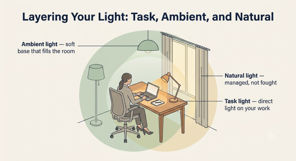 Diagram showing three layers of lighting — task, ambient, and natural — working together in a workspace