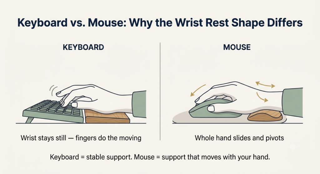 Comparison diagram showing different wrist rest shapes needed for keyboard versus mouse use