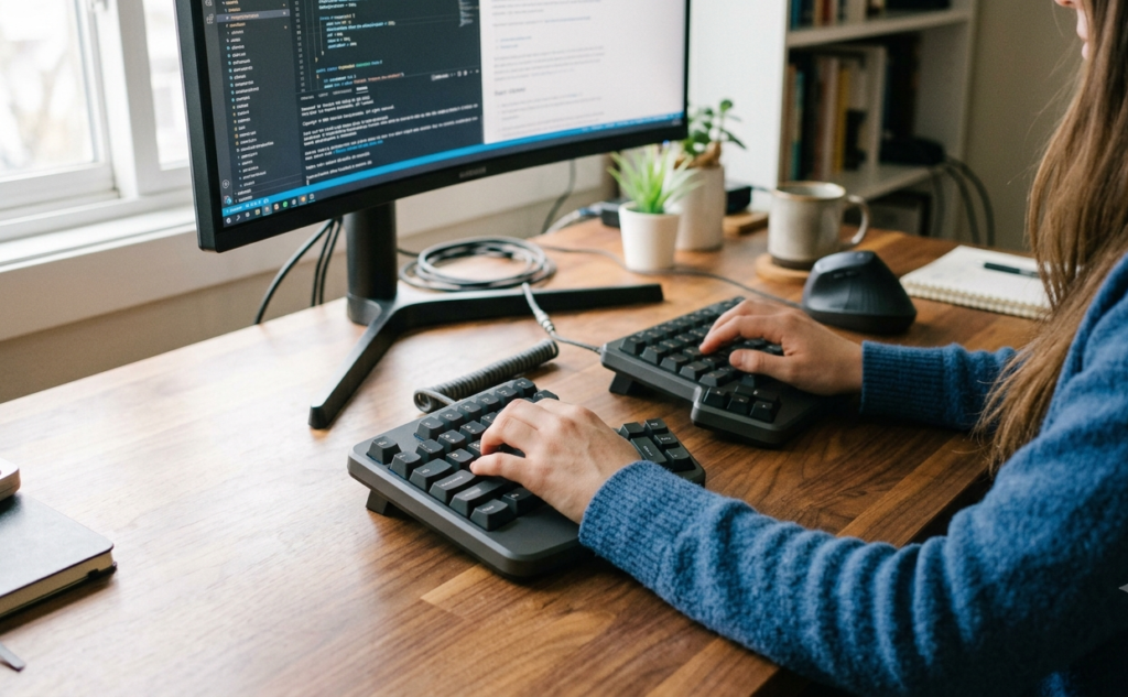 Woman typing on a split ergonomic keyboard connected by cable at desk setup