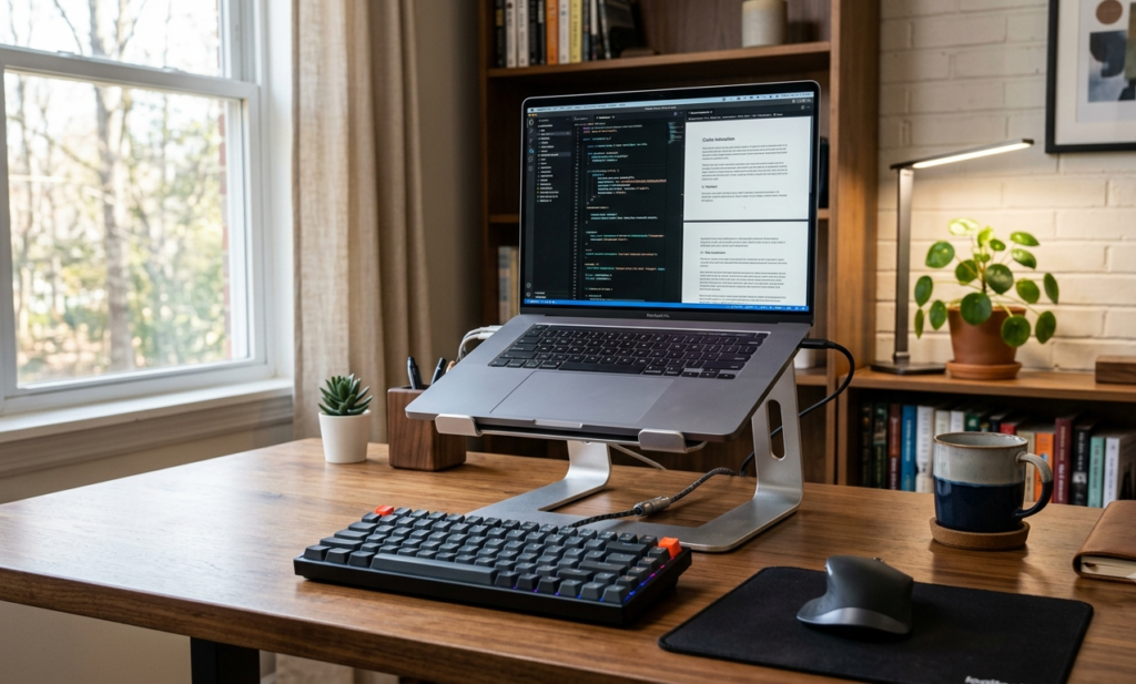 Laptop on aluminum stand with external keyboard and mouse at home office desk