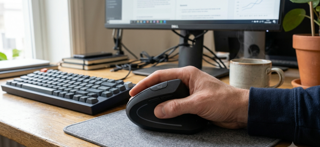 Hand using a vertical ergonomic mouse at a desk setup