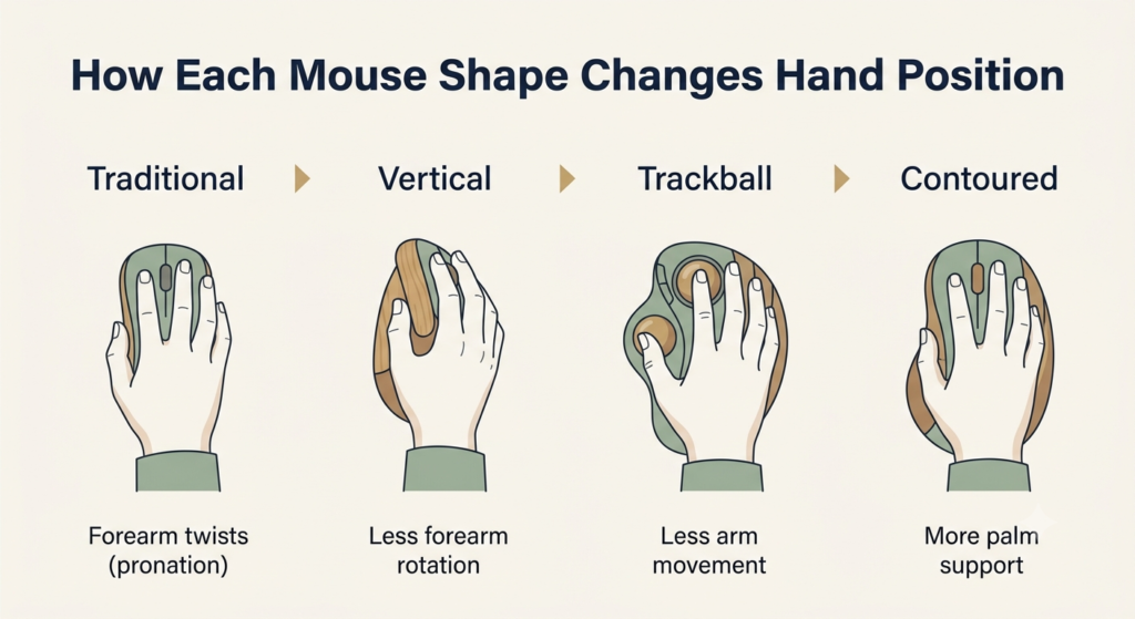 Diagram comparing hand position across traditional, vertical, trackball, and contoured mouse shapes