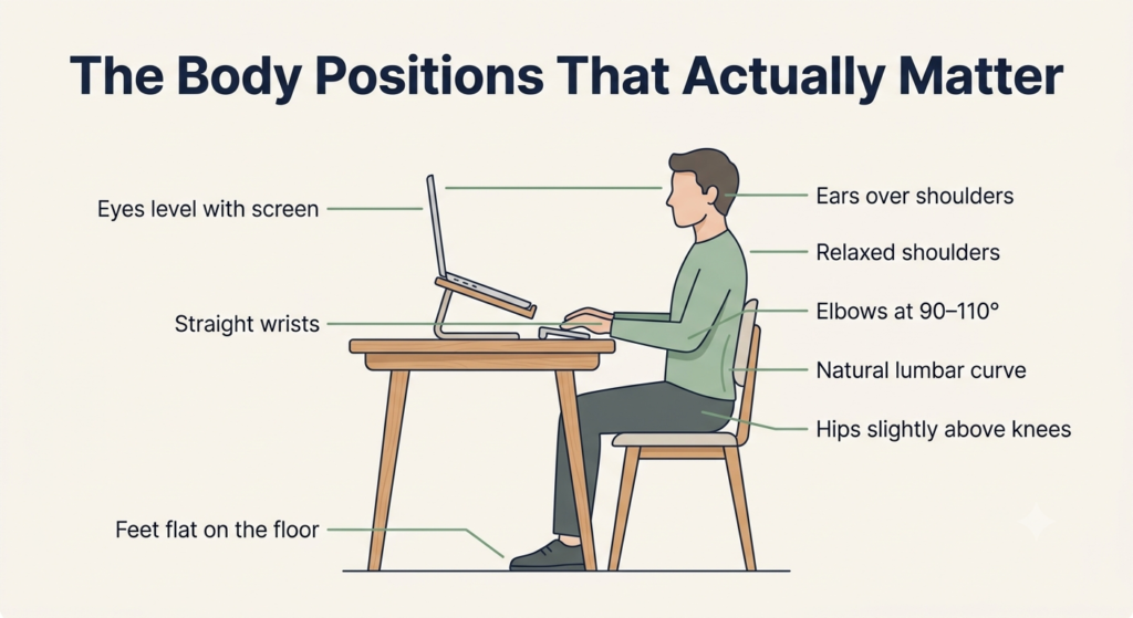 Diagram showing correct ergonomic body positions while working on a laptop