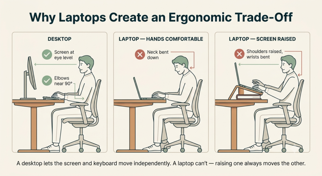 Comparison diagram showing desktop versus laptop ergonomic trade-offs between neck and wrist strain