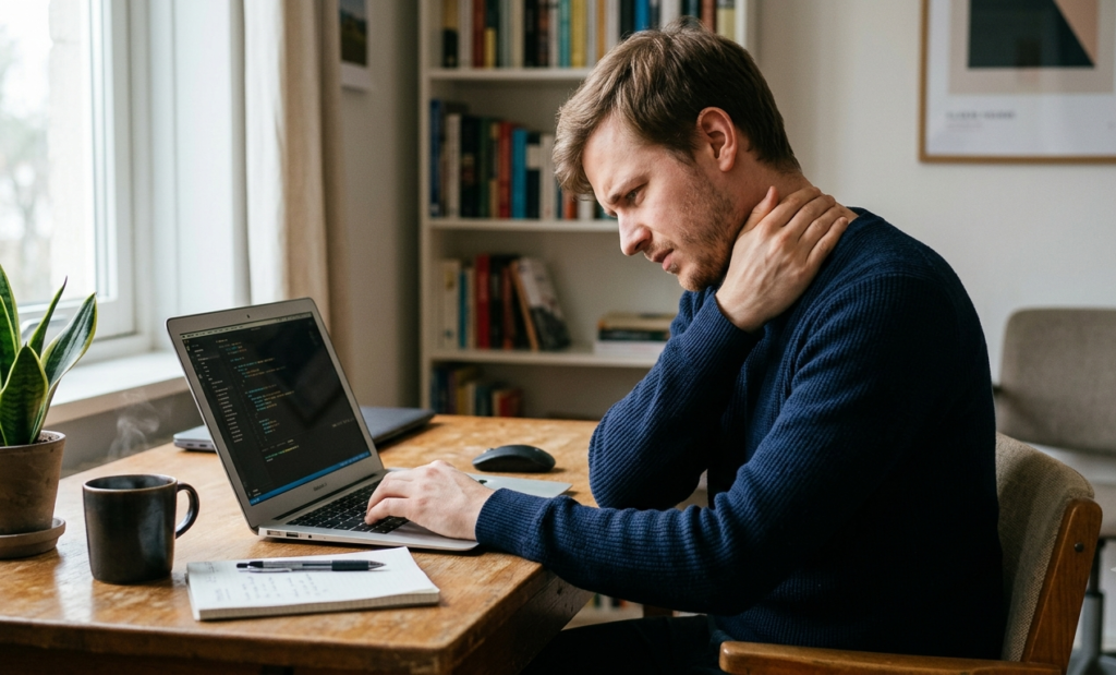 Man experiencing neck strain while looking down at laptop screen without a stand