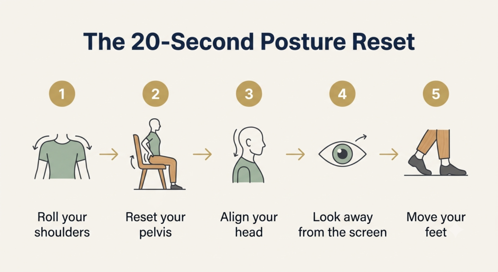 Five-step diagram showing a 20-second posture reset routine