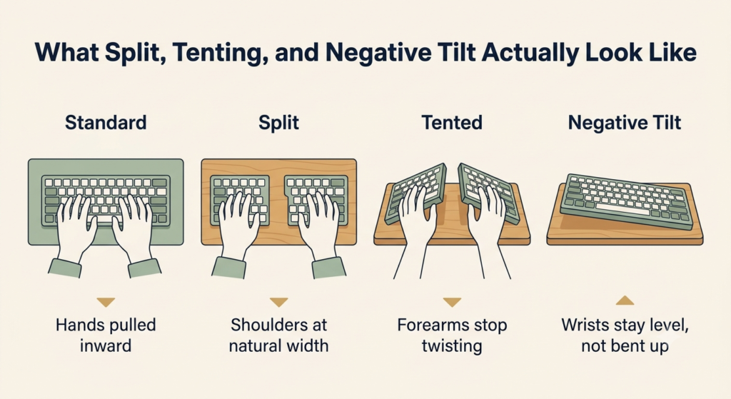 Diagram showing standard, split, tented, and negative tilt keyboard designs and their effects