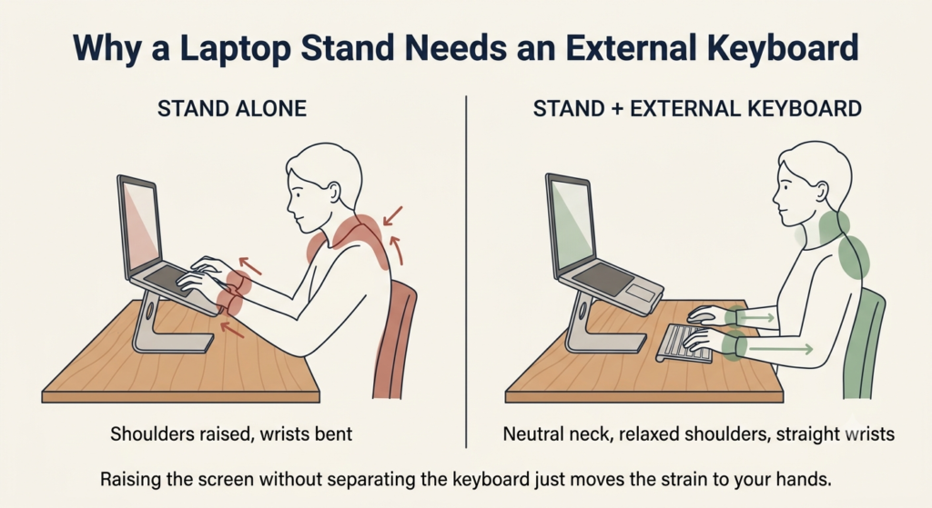 Comparison diagram showing raised shoulders and bent wrists with laptop stand alone versus neutral posture with external keyboard added