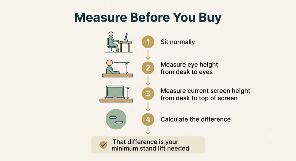 Four-step diagram showing how to measure eye height and screen height to calculate laptop stand lift needed
