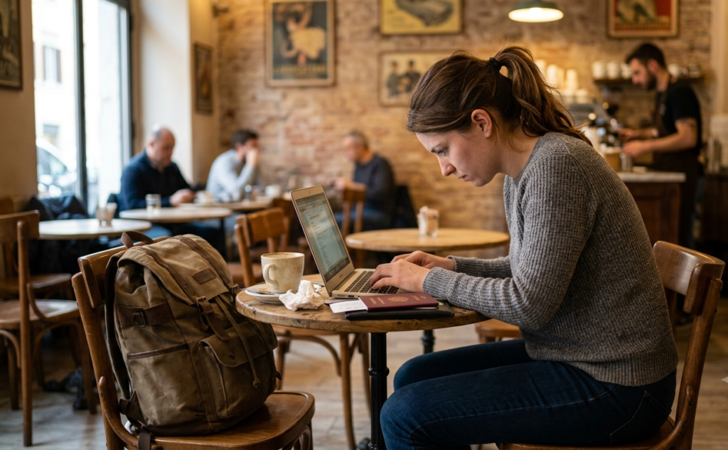 Woman working on laptop at a café table with no ergonomic support while traveling