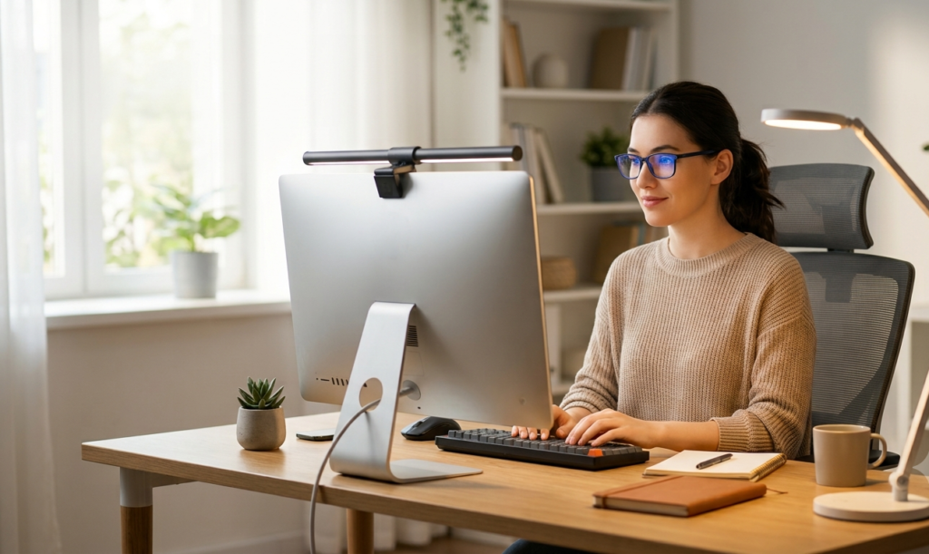 Woman working at a well-lit desk with natural light, desk lamp, and monitor light bar