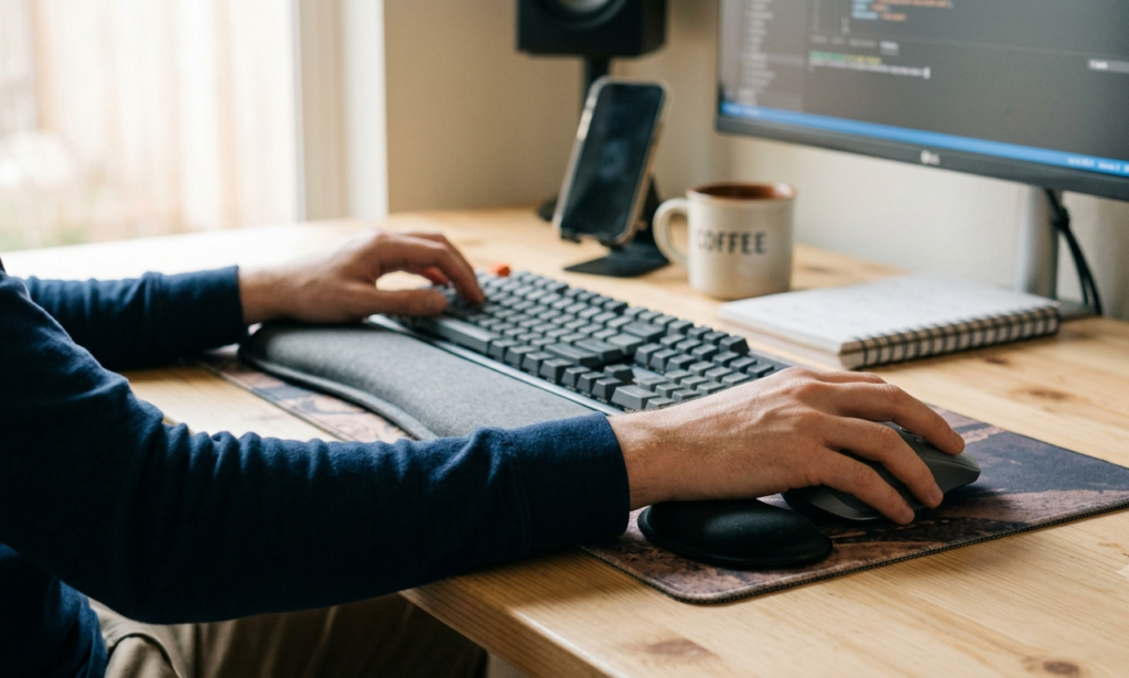 Hands using separate wrist rests for keyboard and mouse at a desk setup