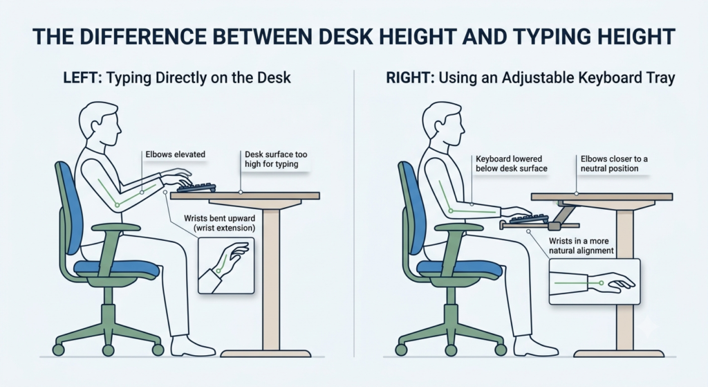 Diagram comparing wrist and elbow position when typing on the desk versus using a lowered keyboard tray