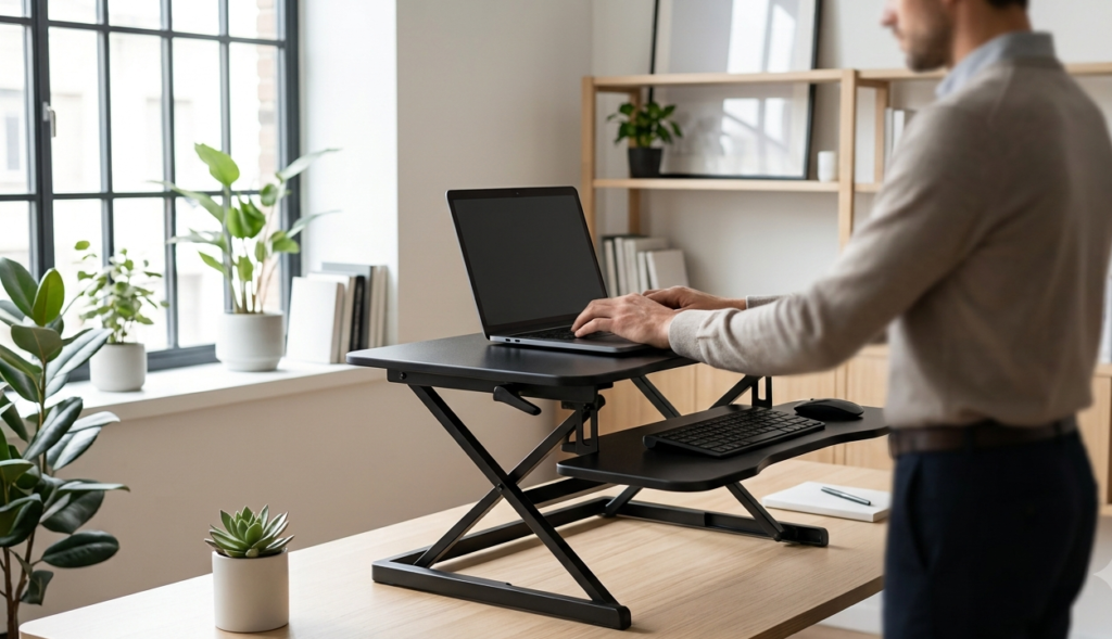Man using a standing desk converter with laptop and external keyboard
