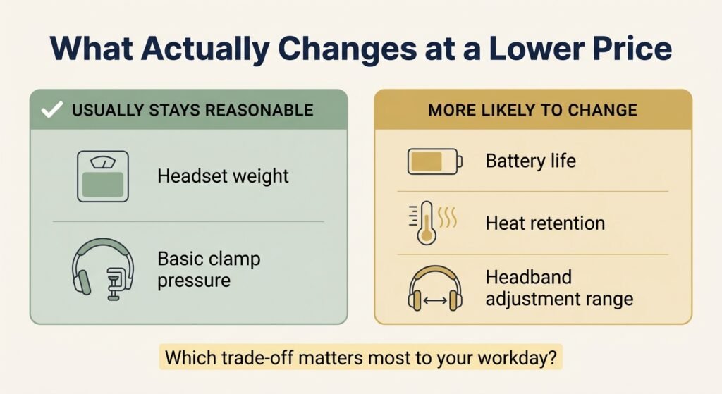 Diagram showing which headset features stay reasonable versus change at a lower price point