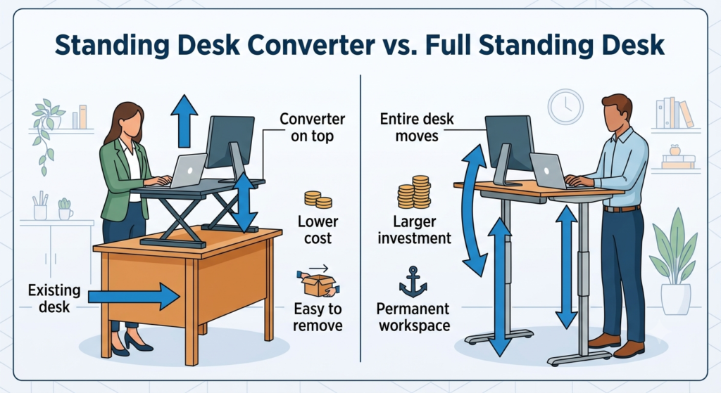 Comparison diagram of a standing desk converter placed on an existing desk versus a full standing desk that moves entirely